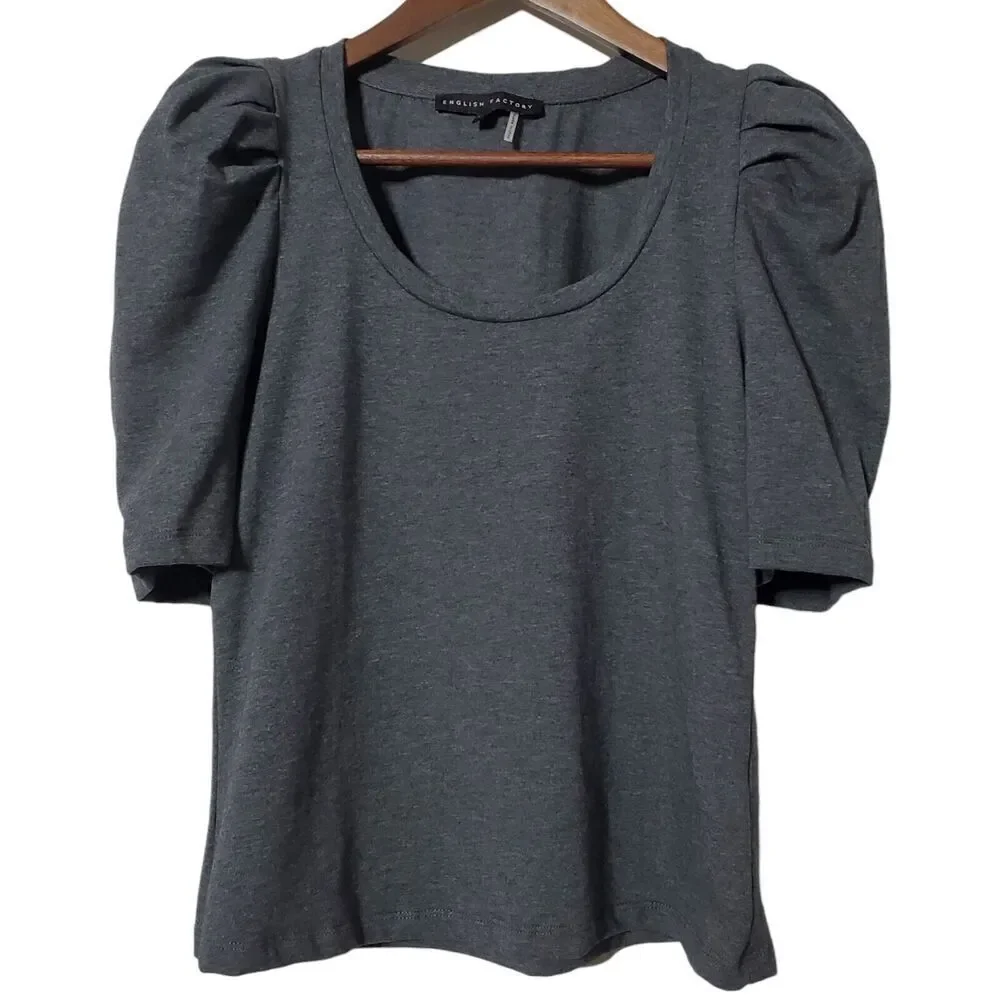 English Factory Pleated Puff Sleeve Top Blouse Size XS Gray Womens - Picture 2 of 9